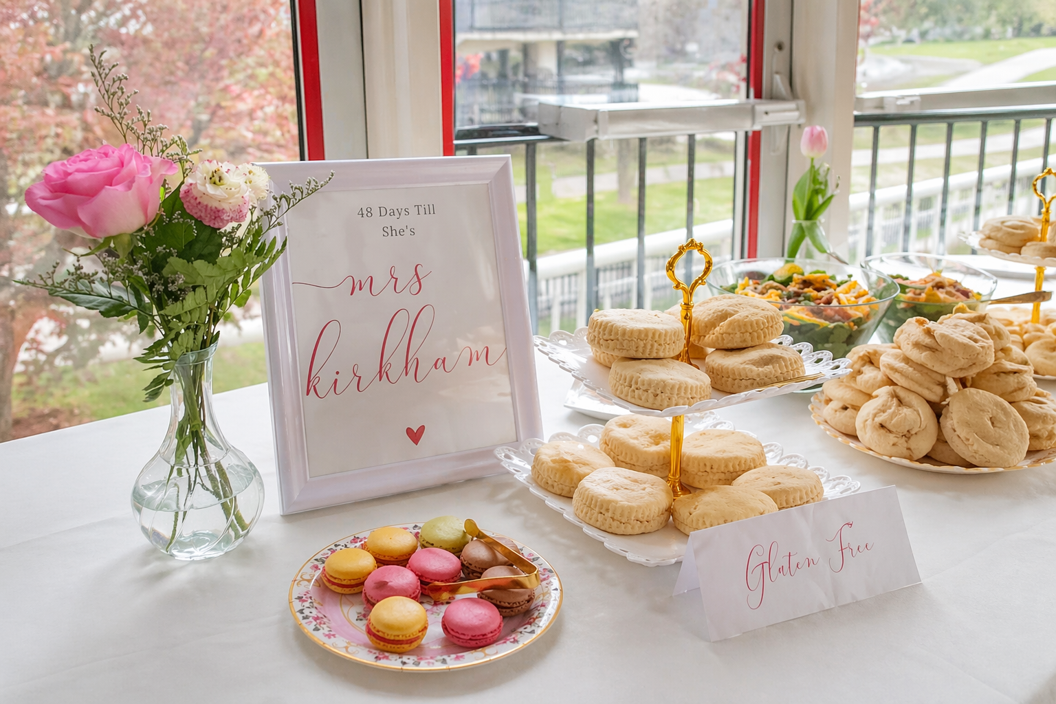 Wainfleet Bread Box catering — wedding shower table with macarons and scones